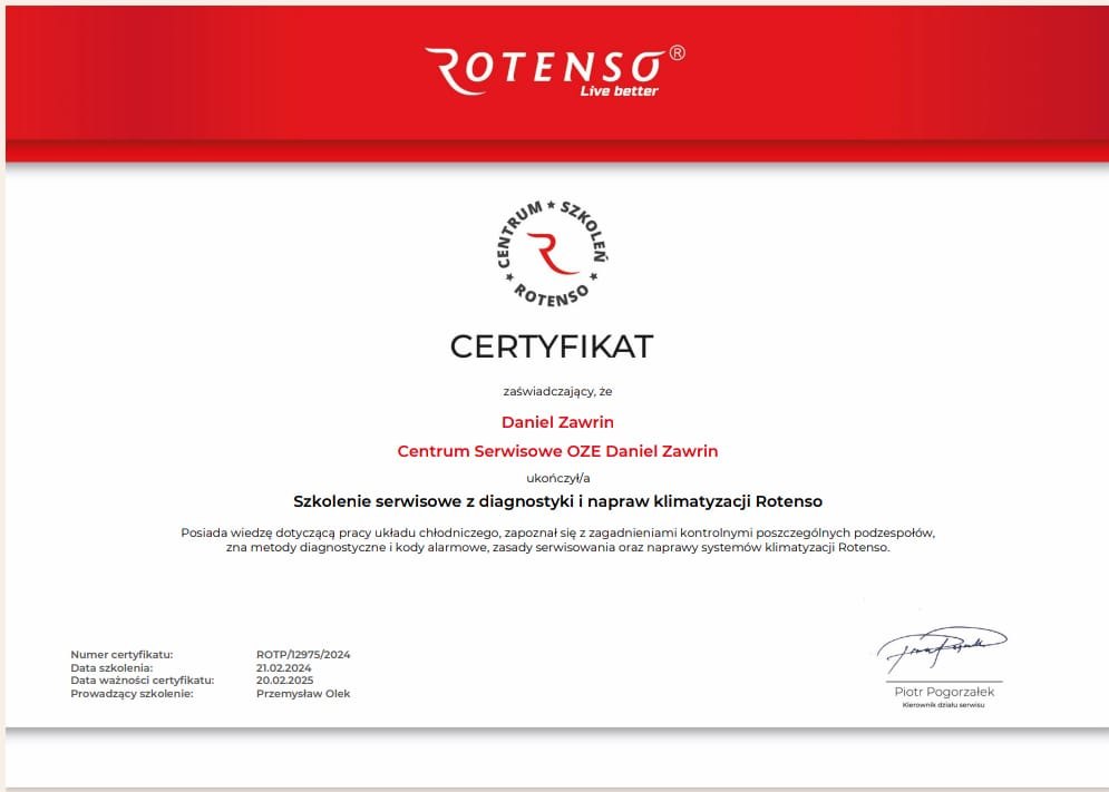Certyfikat Rotenso z diagnostyki i napraw klimatyzacji