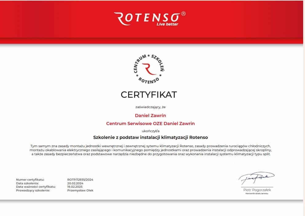 Certyfikat Rotenso z instalacji klimatyzacji