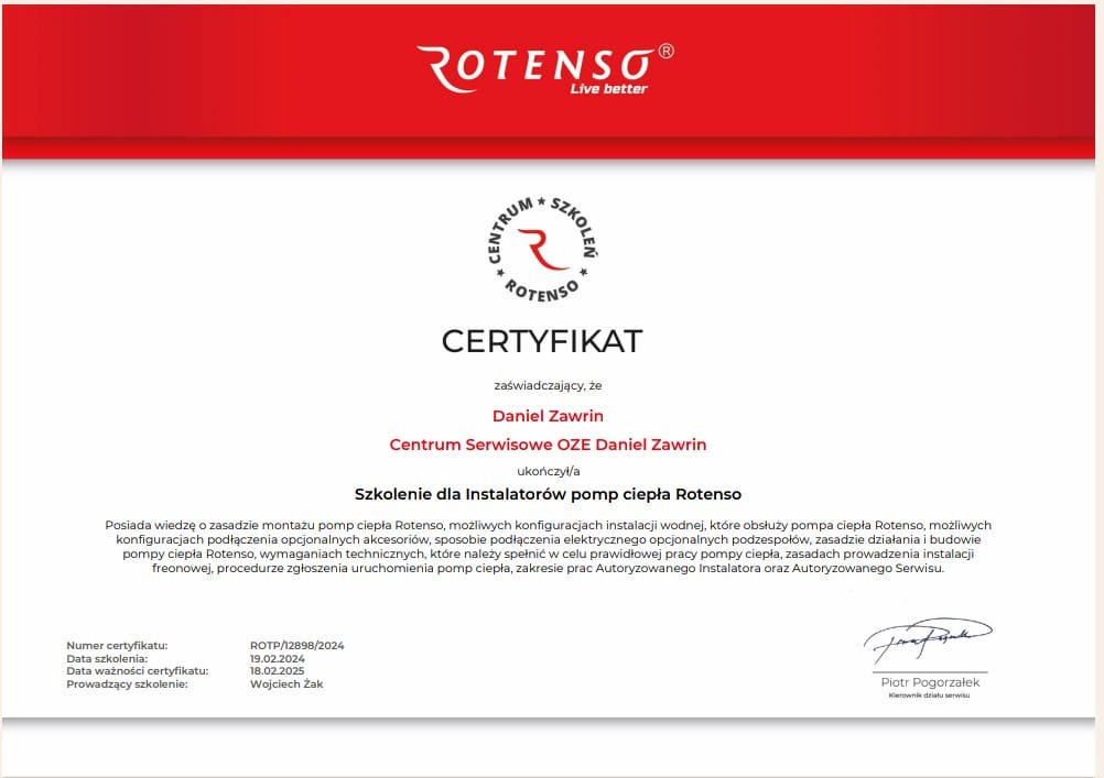 Certyfikat Rotenso dla instalatorów pomp ciepła