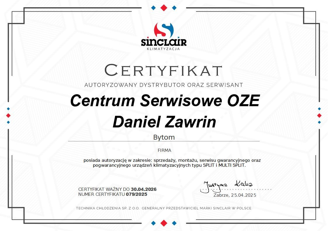Certyfikat Sinclair dla Centrum Serwisowego OZE Daniel Zawrin