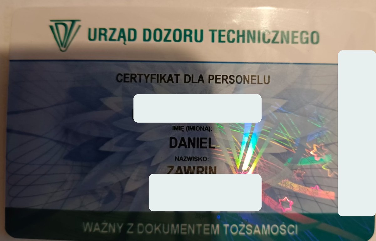 Certyfikat F-gaz dla personelu z ukrytymi danymi wrażliwymi