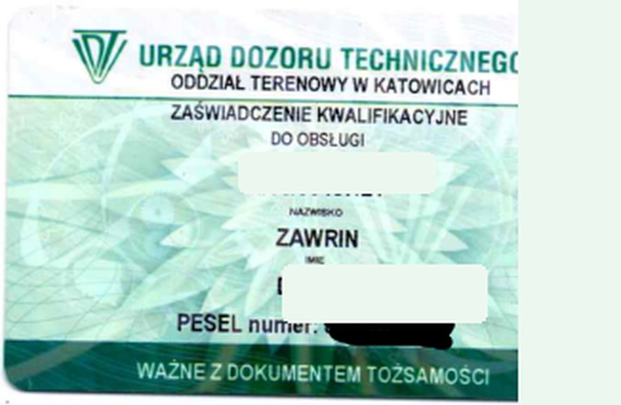 Zaświadczenie kwalifikacyjne UDT z ukrytymi danymi wrażliwymi
